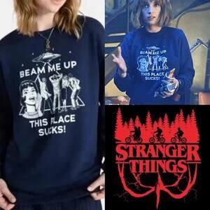 Beam Me Up This Place Sucks Stranger Things Oversized Navy Blue Sweatshirt